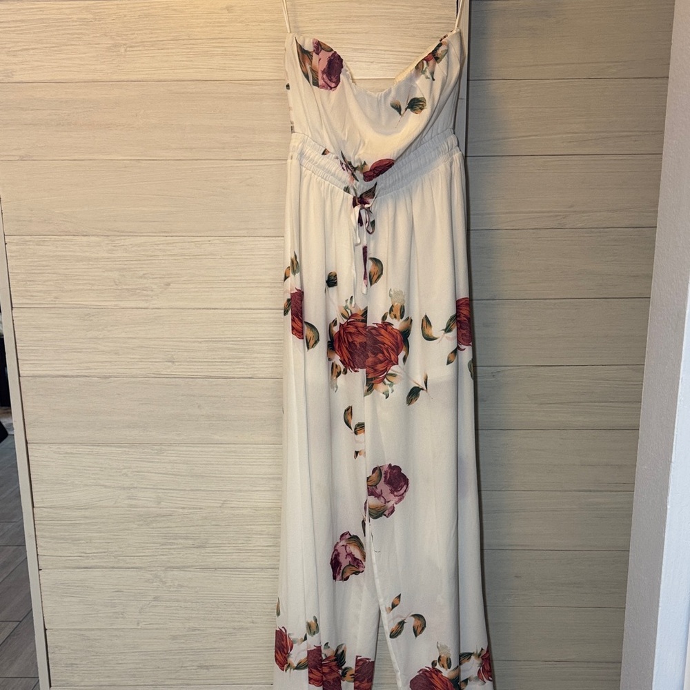 Hello Molly Floral White Strapless Jumpsuit